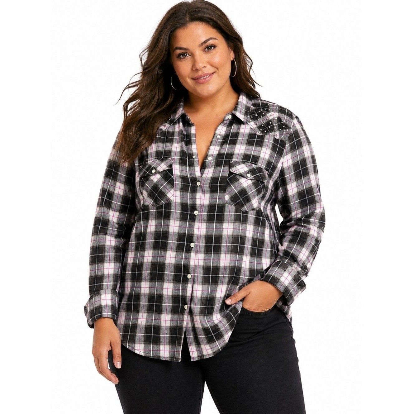 Torrid Size 4 Plaid Studded Button Front Shirt Black Gray Pink Plus Size 4X