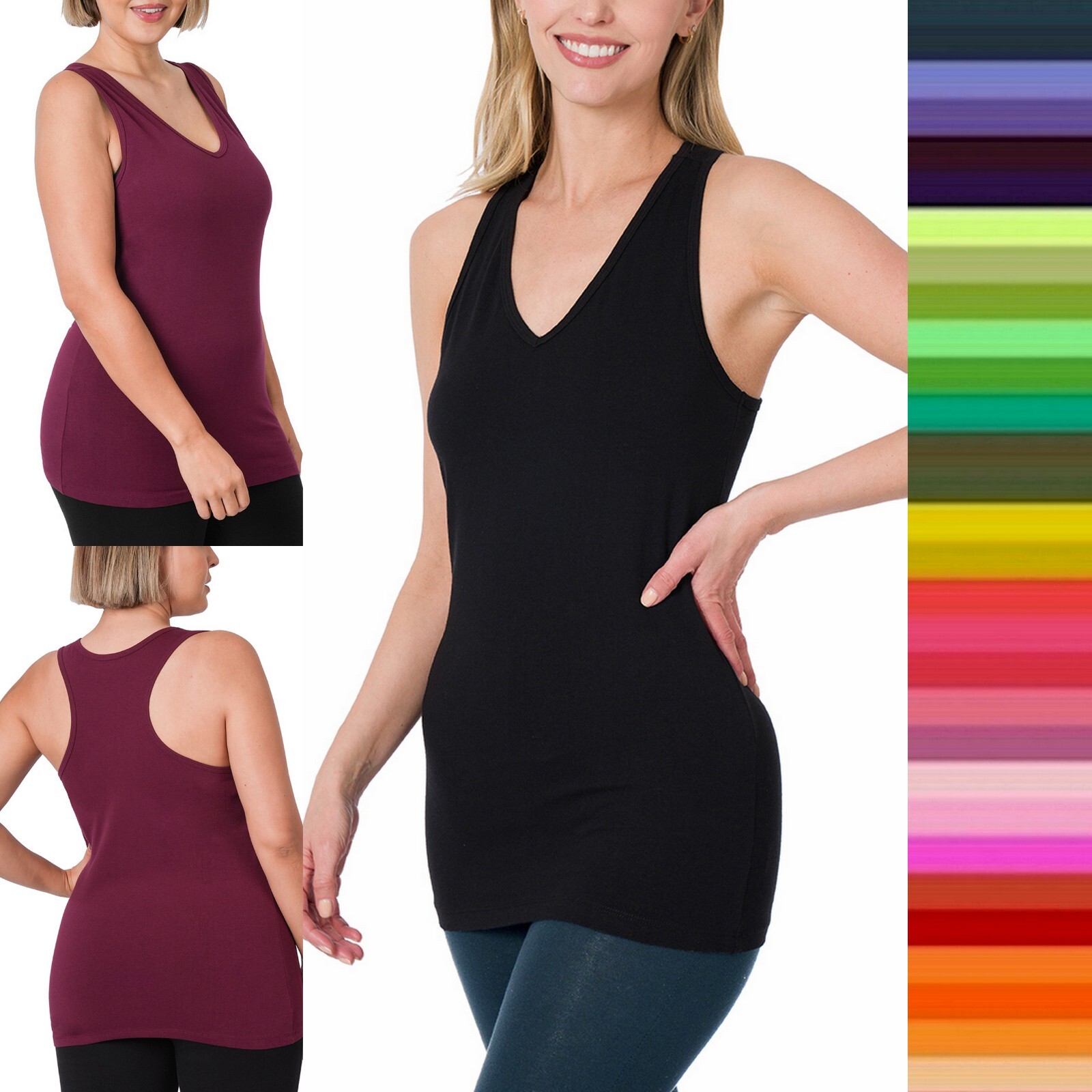 1XL 2XL 3XL Women V Neck Soft Stretch Cotton Racerback Basic Tank Top Sleeveless