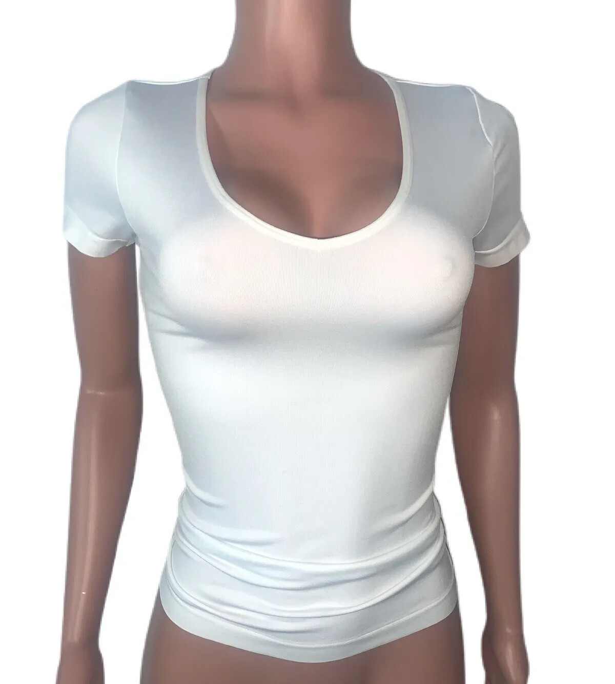 Basic White Seamless Stretch Tight V-neck Nylon T-shirt Top Nwt Os Casual Office