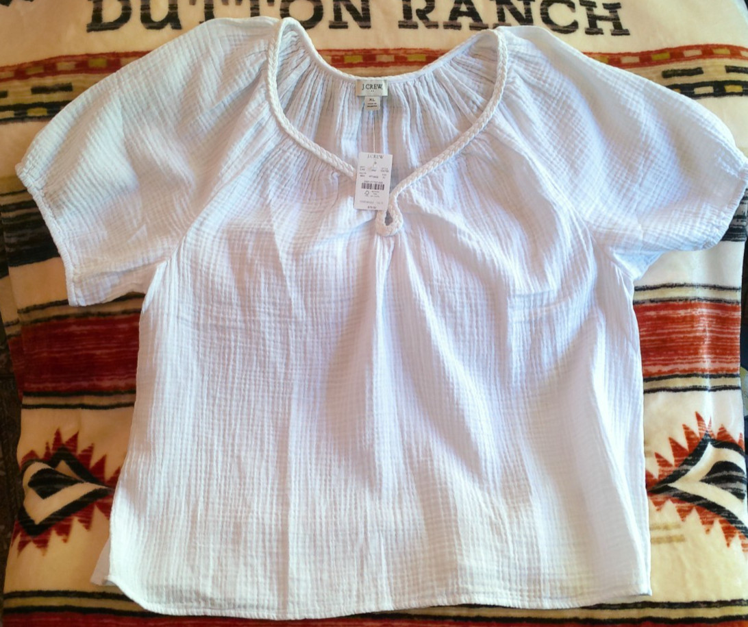 J. CREW NWT XL WHITE PUFF SHORT SLEEVE SOFT COTTON GAUZE PULLOVER BRAID NECK $79