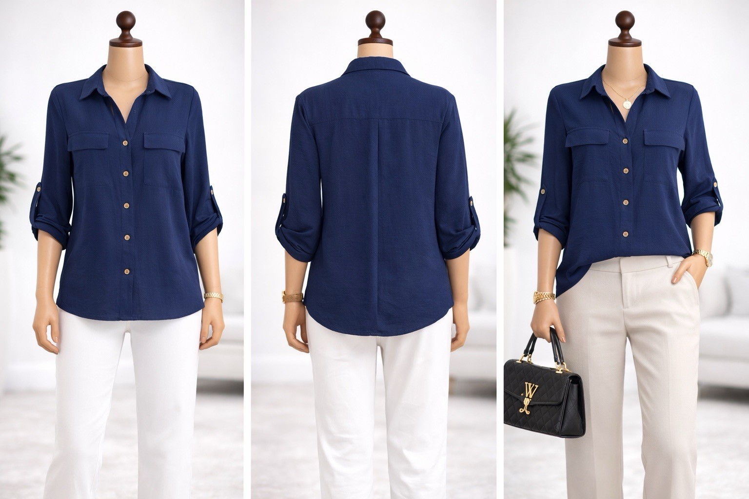 Fred David Women’s Large Navy Button Up Blouse Roll Tab Sleeve Casual Career