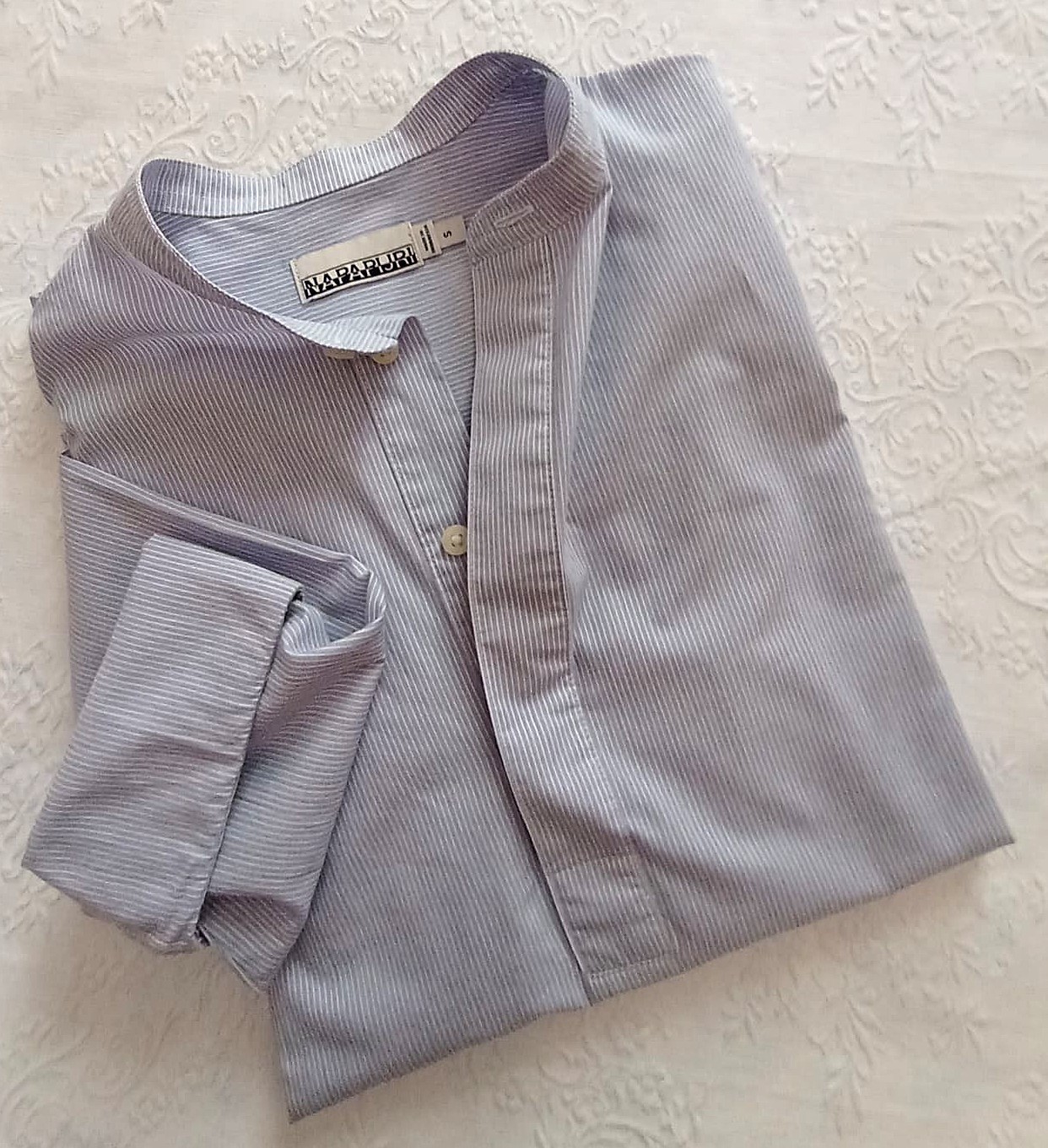 Napapijri Mandarin Collar Shirt Mens Womens S Striped Blue White Cotton 2024 VGC