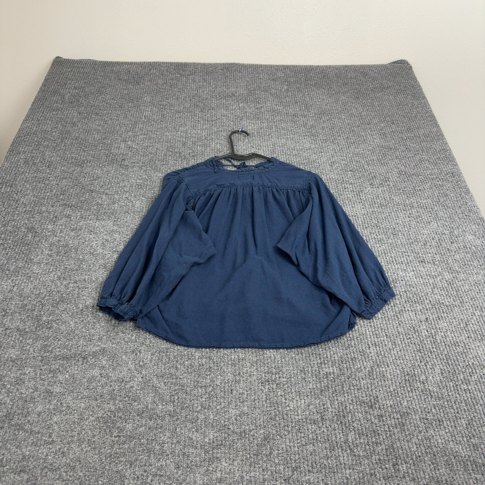 Uniqlo Blouse Womens XS Blue Linen Rayon Peasant Tie Neck Boho Casual