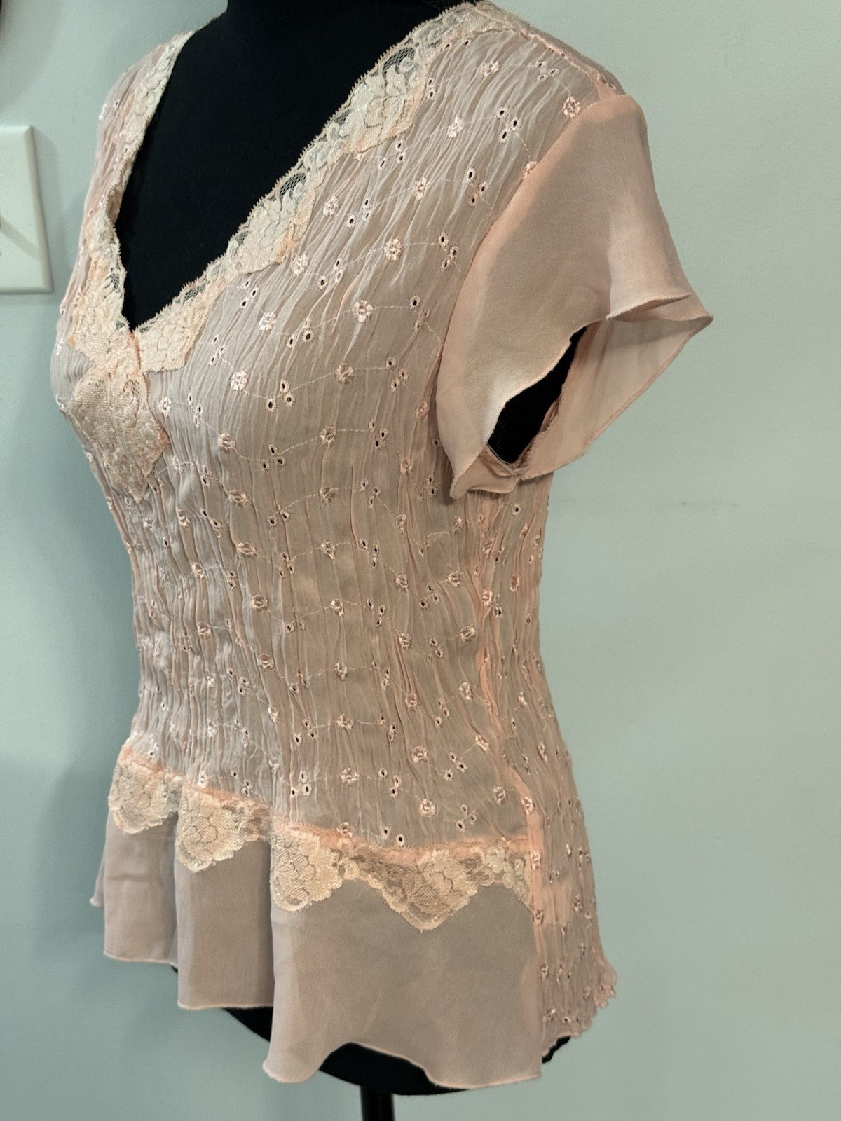 Sunny Taylor Women’s Pink Lace Trim Chiffon Blouse, V-Neck Flutter Sleeve, XL