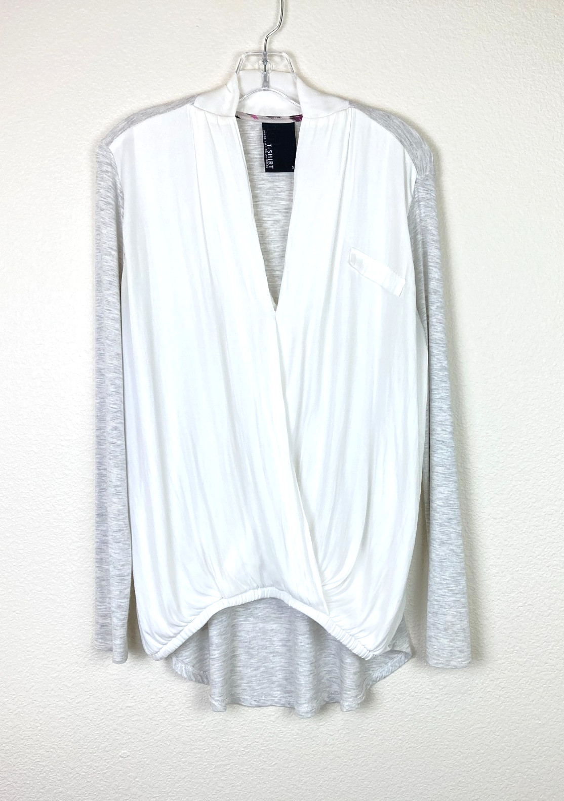 Dolan T-Shirt Women’s V-Neck Wrap Size S White Gray Knit High Low Hem