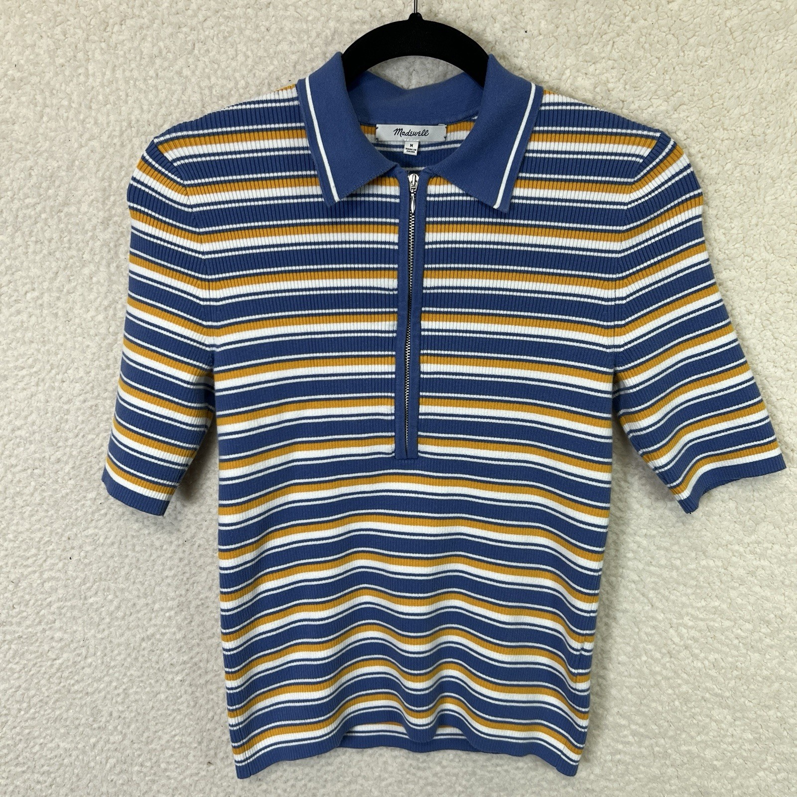 Madewell Half Zip Johnny Collar Polo Top Women’s M Blue White Yellow Striped