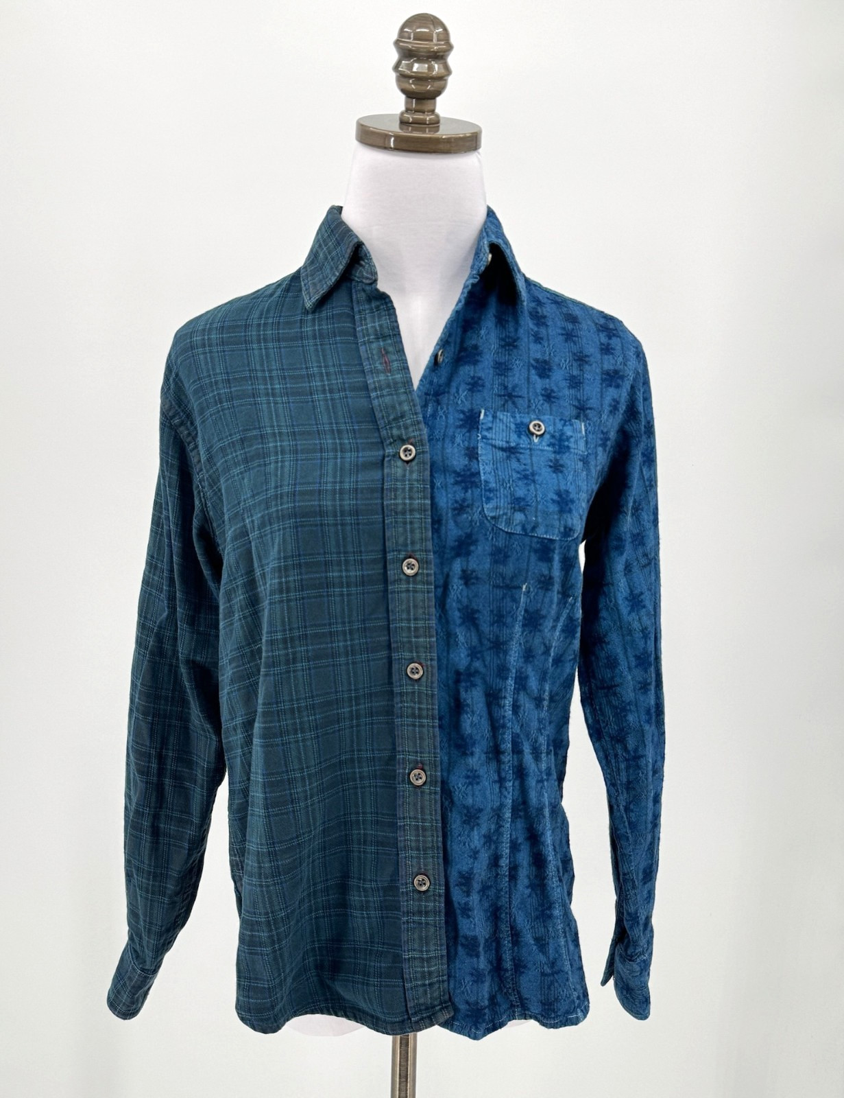 Garment Womens Blue Plaid Patchwork Cotton Blend Long Sleeve Button Top Sz M