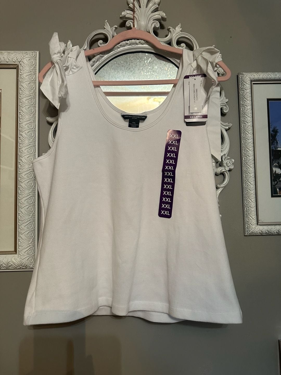 French Connection Ribbed Scoop Neck Tank Top with Tie Shoulder Detail in White
