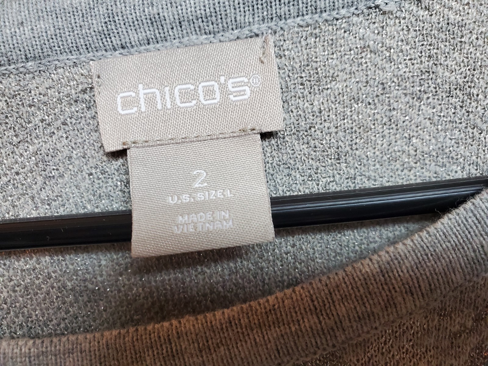 Chicos top, Size 2 Large Gray W/ silver & Gold Metallic Thread Accent