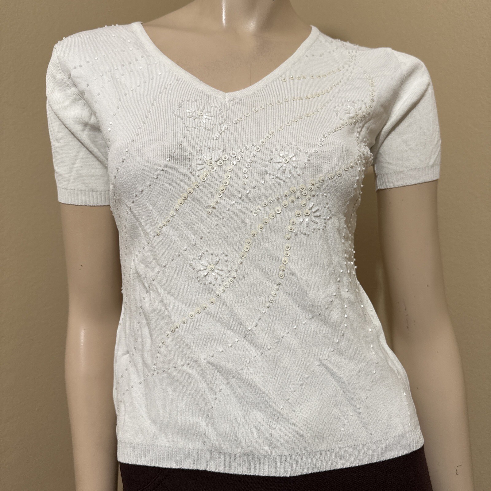 Women’s White Nylon Acrylic Casual Summer Stretch Slim Beaded Size S/M Blouse