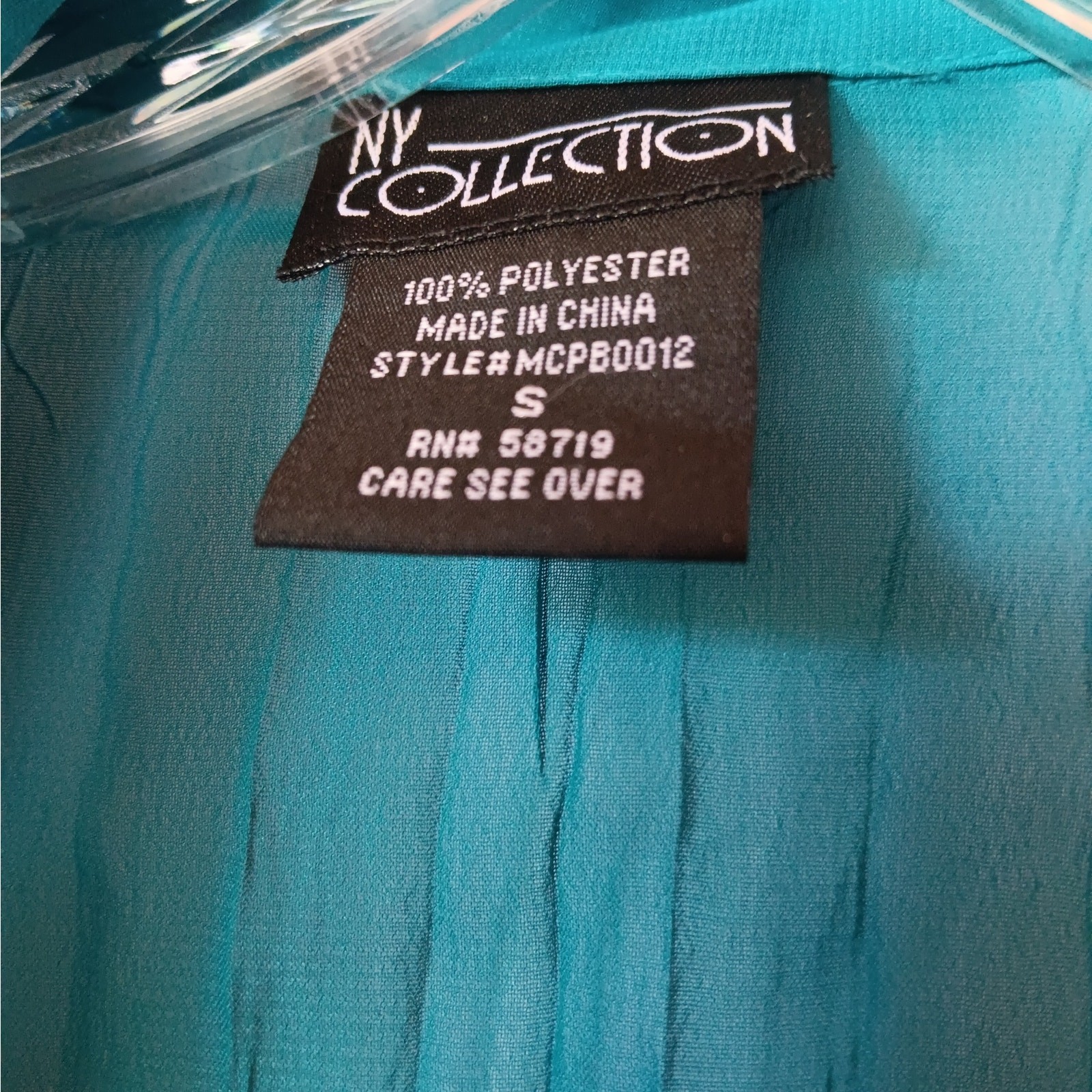 VTG Y2K NY Collection Sz S Teal Sheer Crinkle Fabric Ruffle & Lace Front Collar