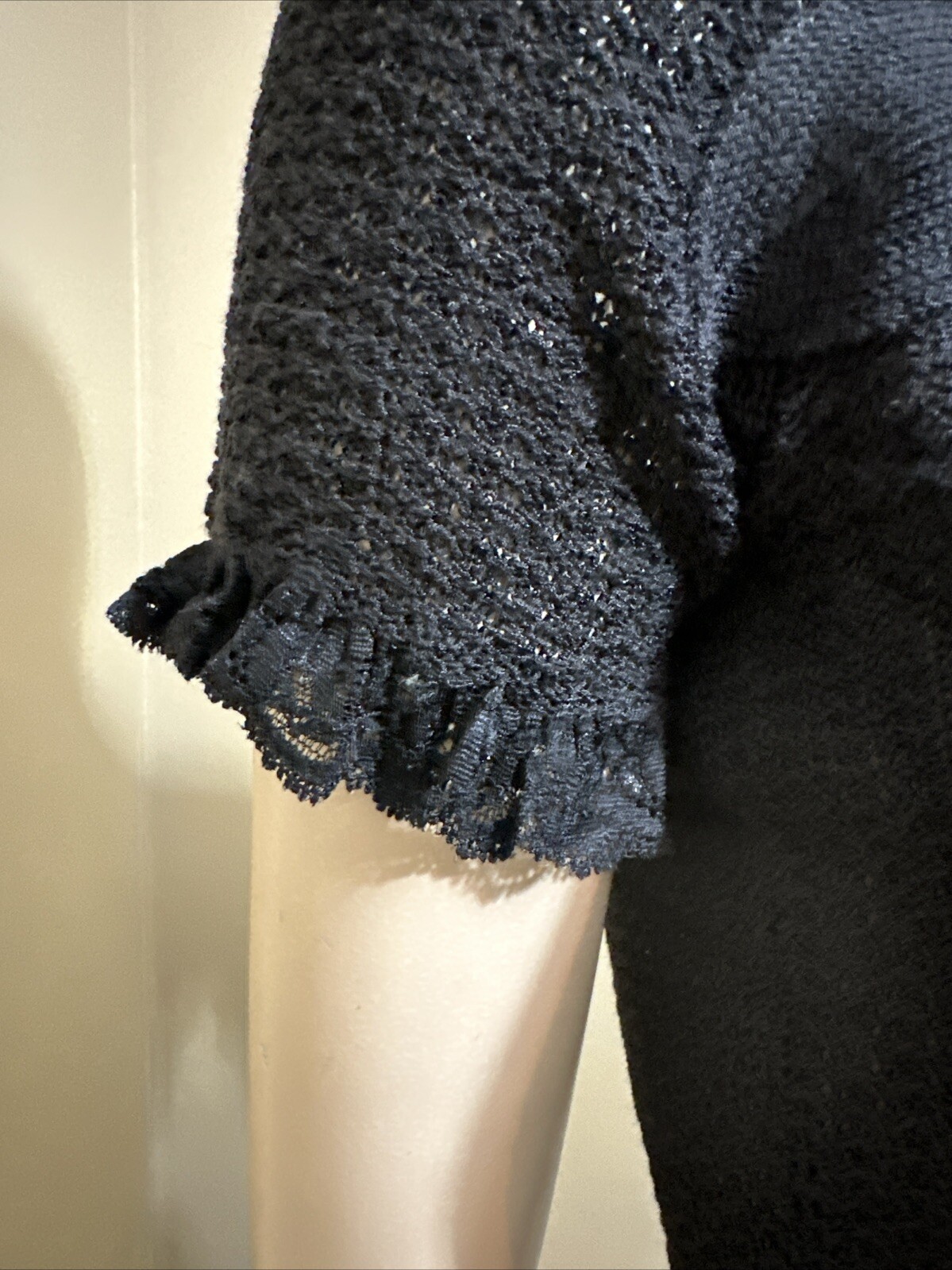 Women’s Black Cotton Crochet Casual Stretch Slim Sheer Lace Beaded One Size Top