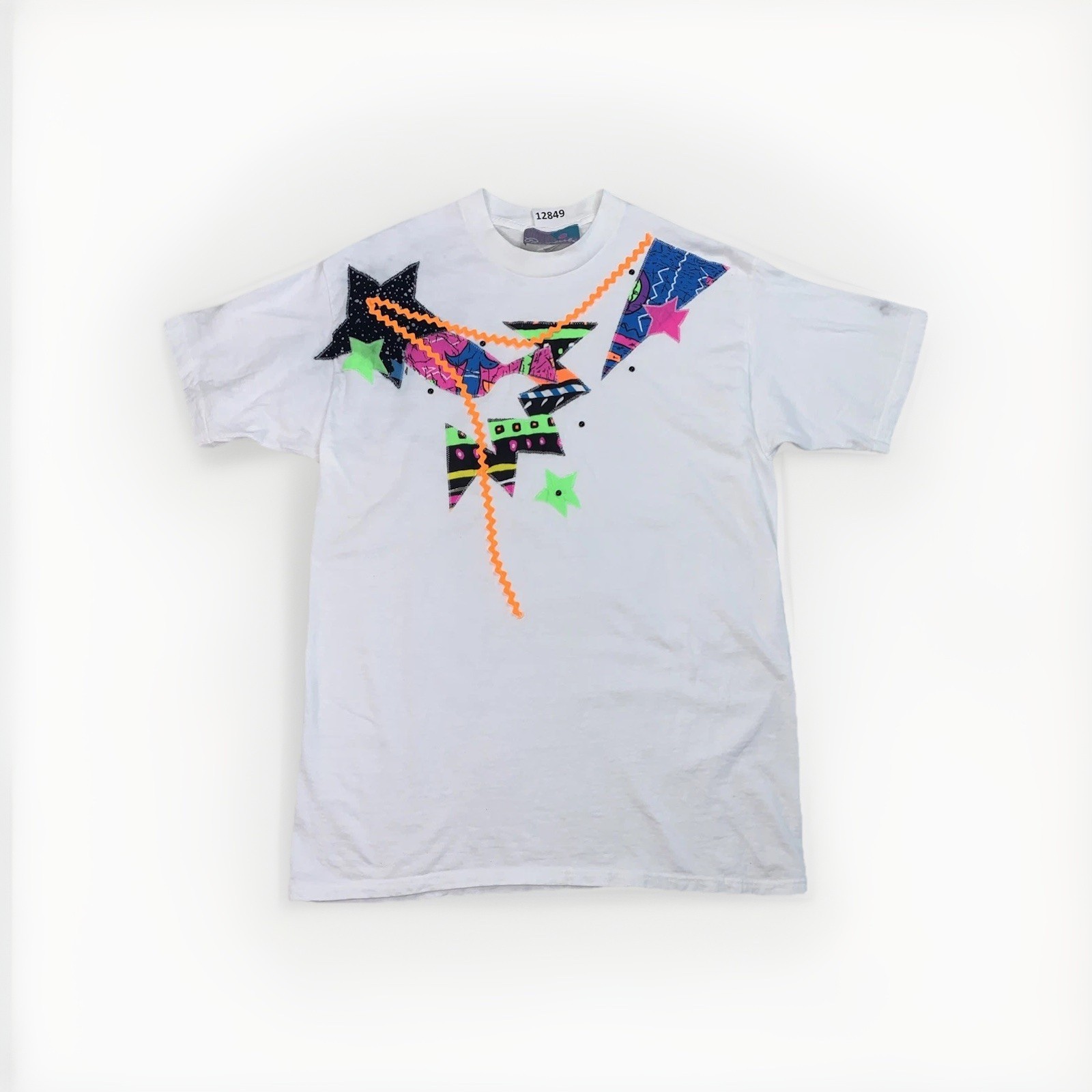 Vtg 80s 90s Retro Neon Single Stitch USA Pinwheels Patchwork T Shirt OS-12849