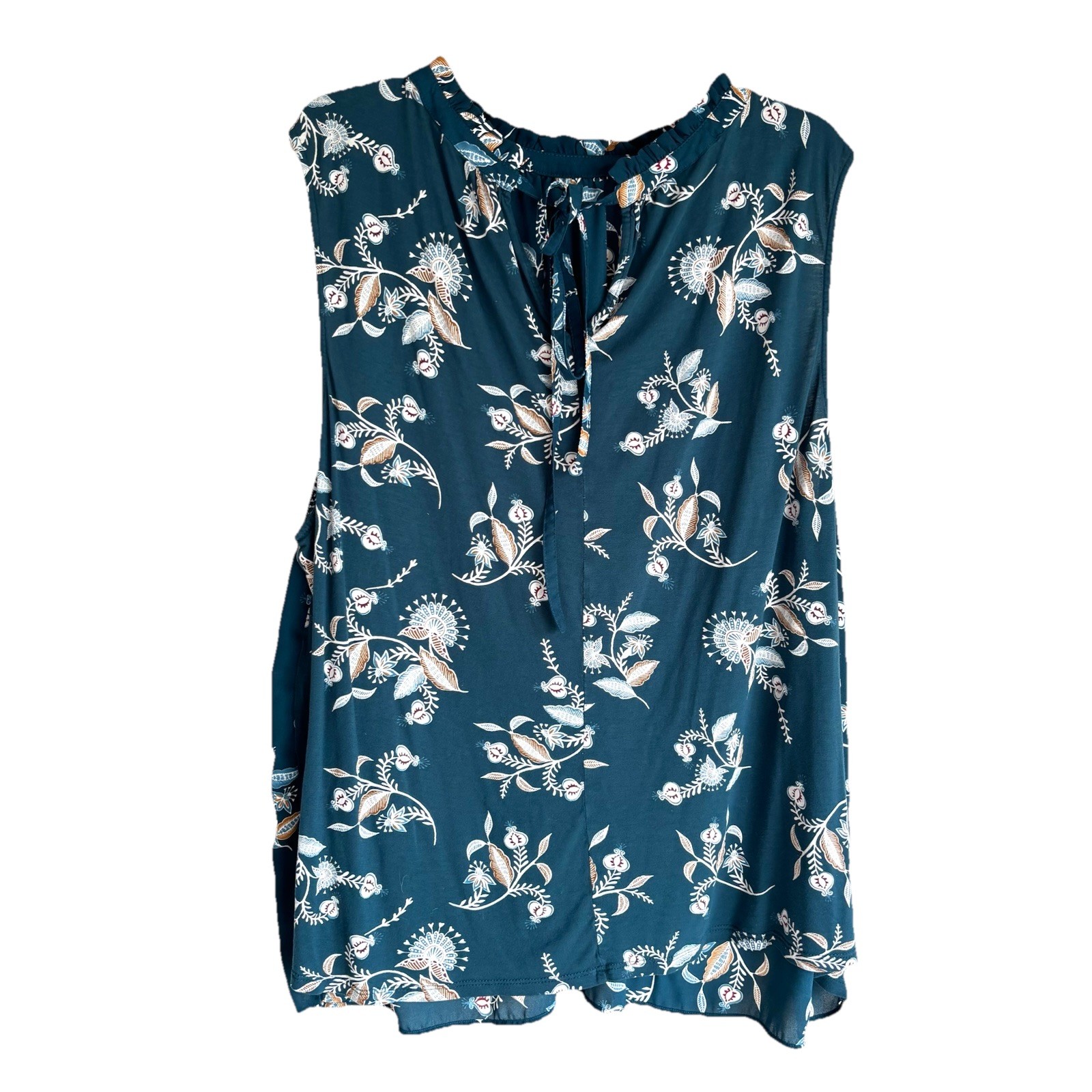 Ann Taylor Sz 24/26 Round Neck Green Floral Top Sleeveless Tie Back