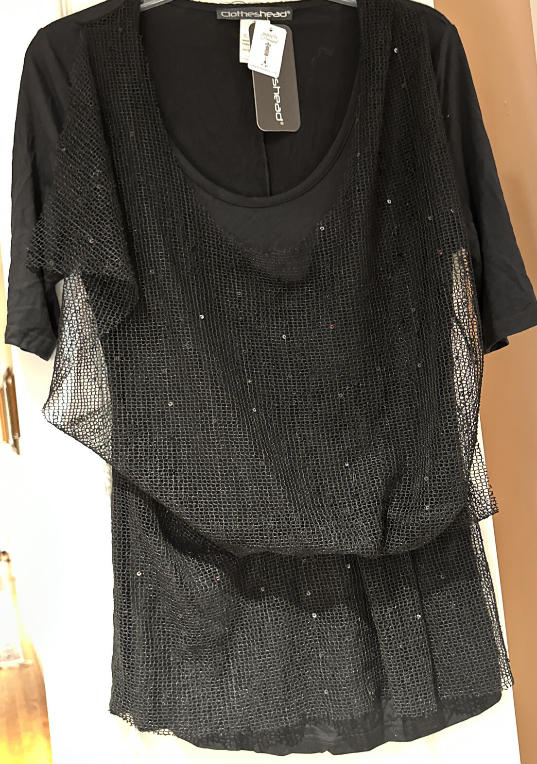 Clotheshead Black Sequin Mesh Overlay Top Women’s Small S NWT Retail $79