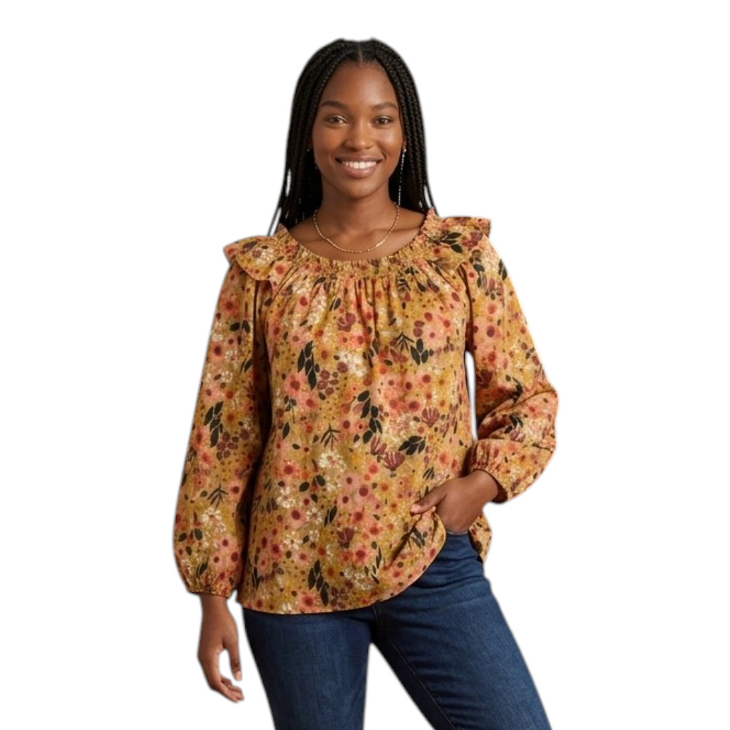 Floral Peasant Blouse L Colorful 100% Cotton Smocked Ruffle Prairie Cottage NWT