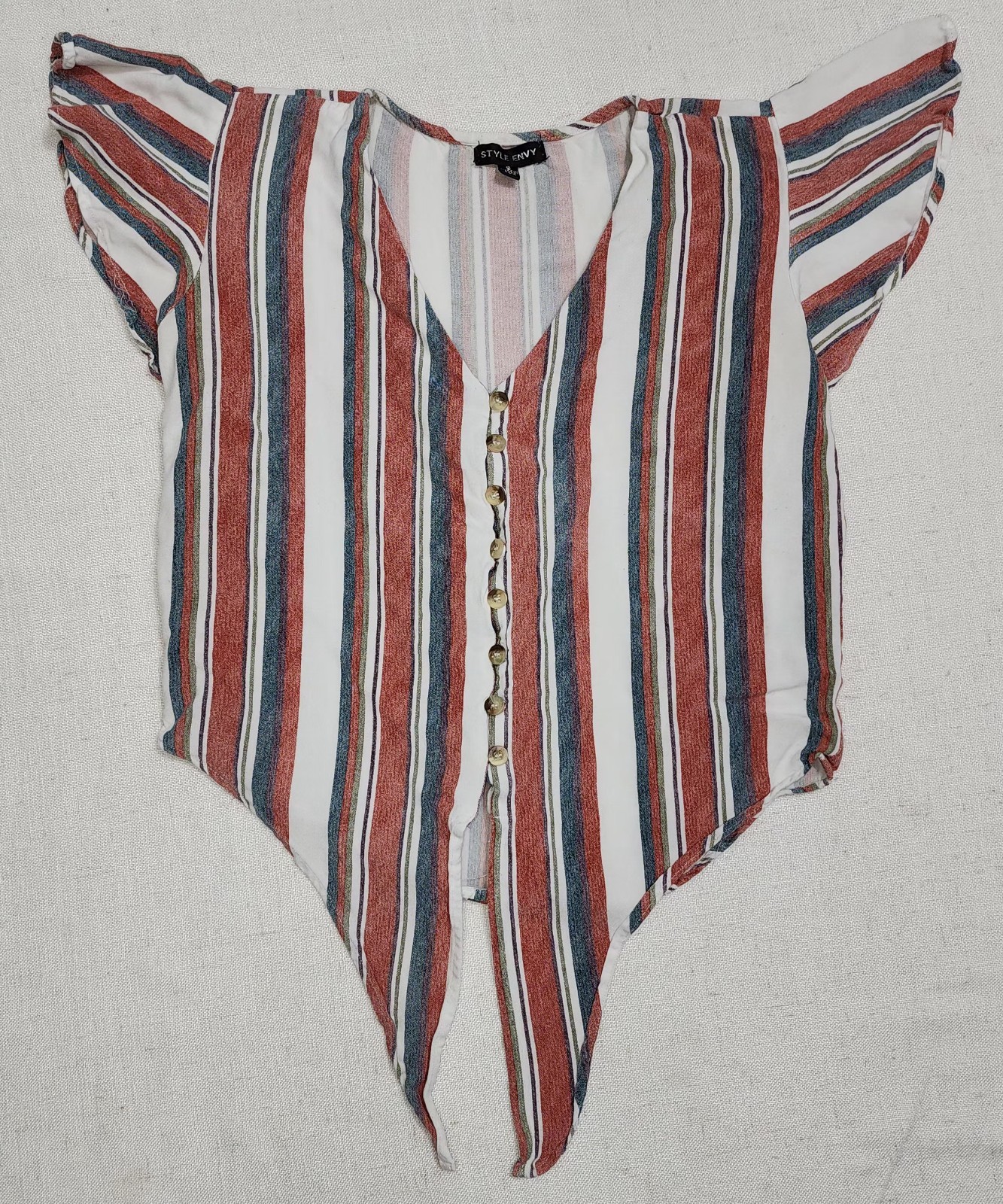 Style Envy S Striped Front Tie Top Red Blue White Buttons V Neck Cap Sleeves…