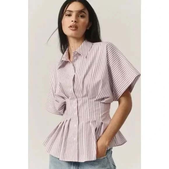 Anthropologie Exquise The Tobie Pleated Blouse Short-Sleeve Purple Stripe 2X