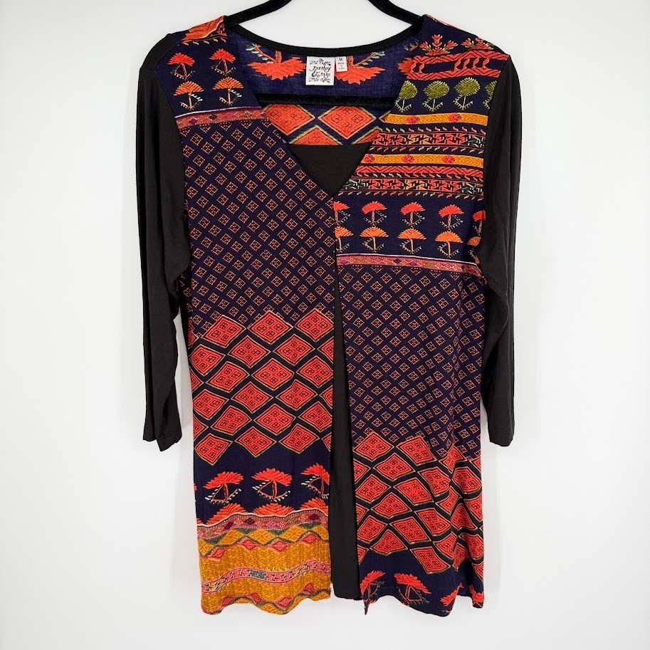 Parsley & Sage Tunic Top Size M Black Orange Patchwork Tribal Artsy Lagenlook