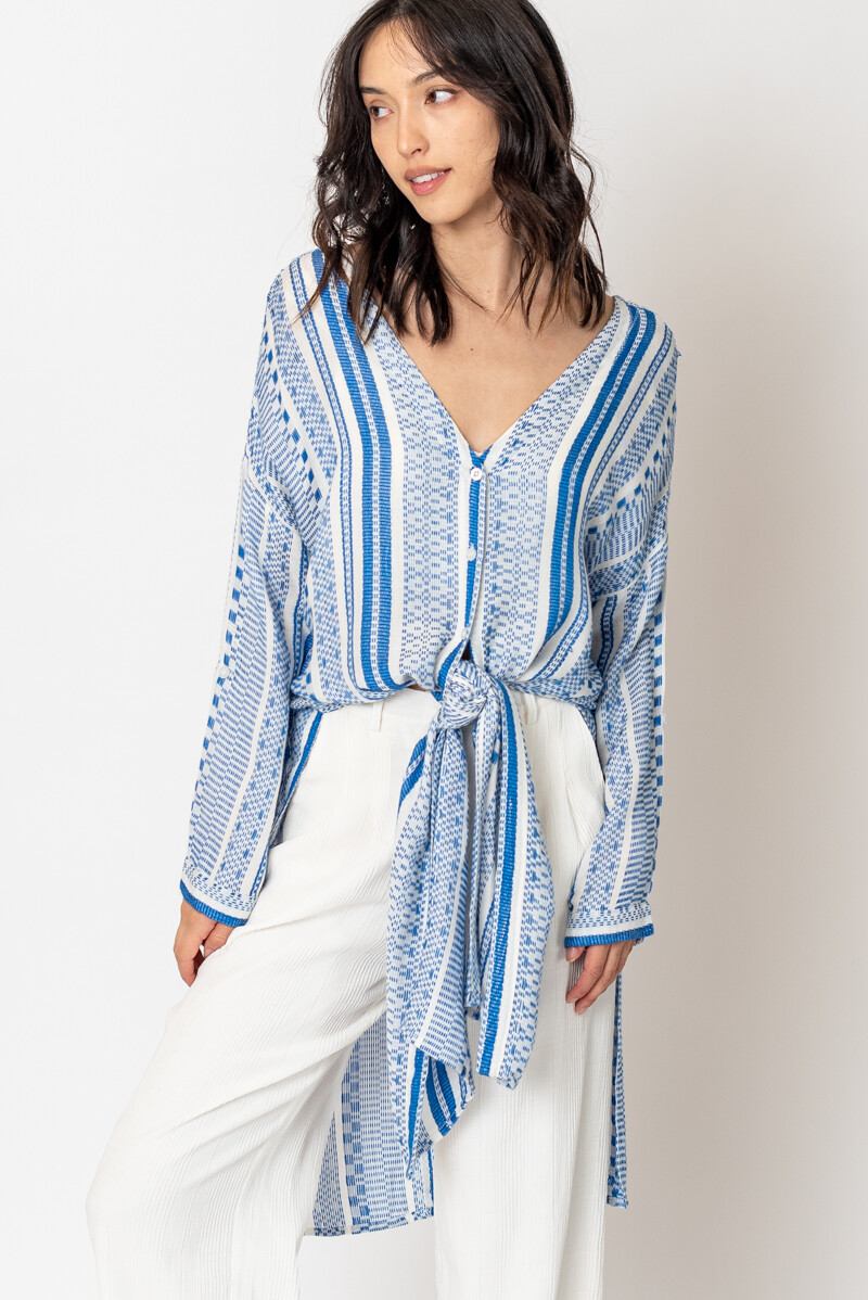 En Creme Striped Button Front Side Slit Tunic Top Women’s