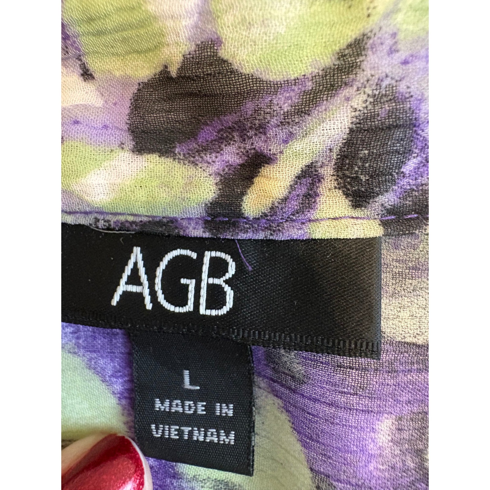 AGB Purple Green Abstract Print Ruffle V-Neck Smocked Hem Blouse Large