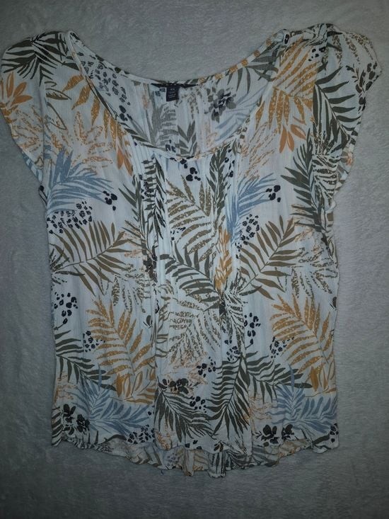 Tribal Short Sleeve Palm Print Blouse – White/Blue/Olive/Gold #192