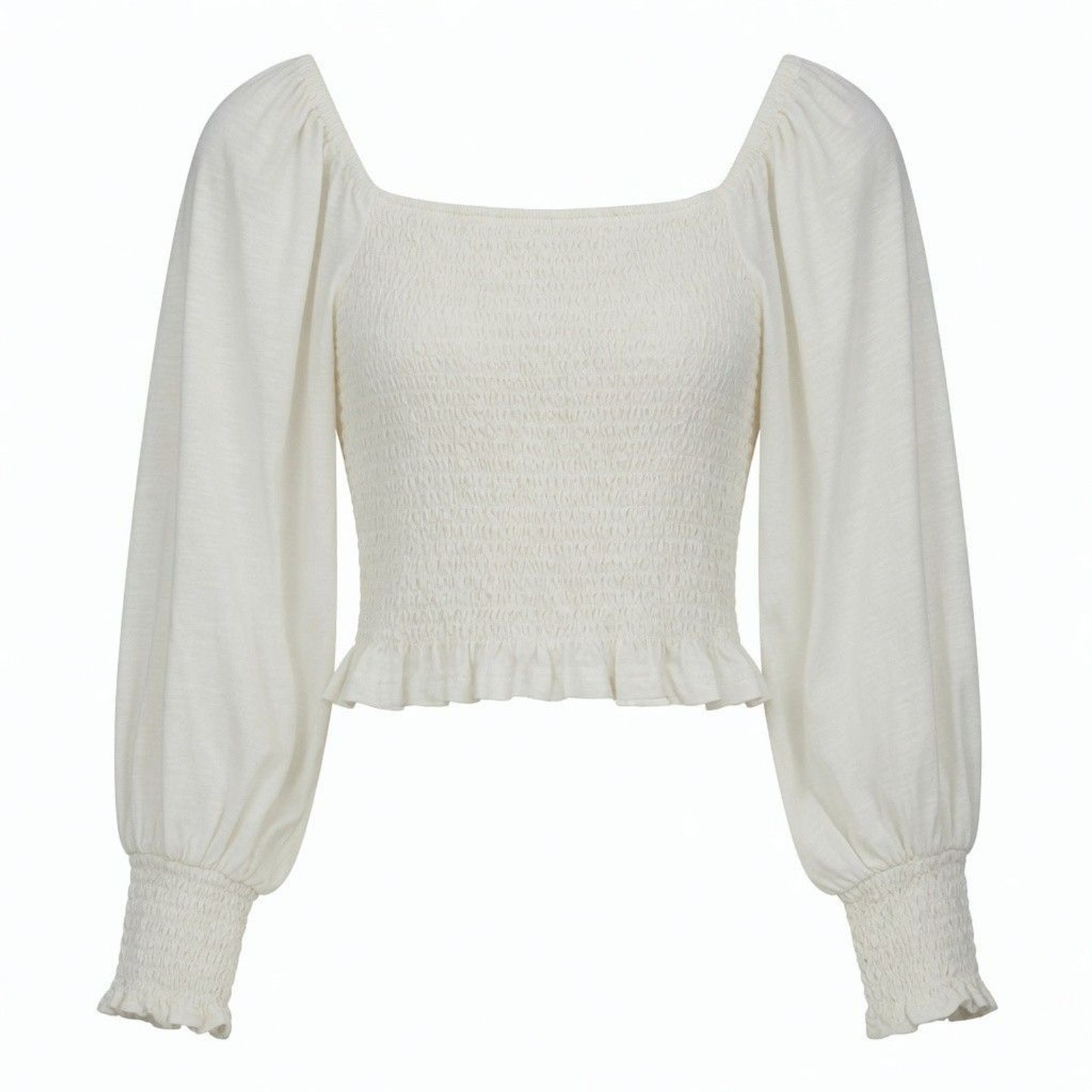 Pilcro Anthropologie Smocked Ruched Crop Top Puff Sleeves Ruffle Boho XS Cream
