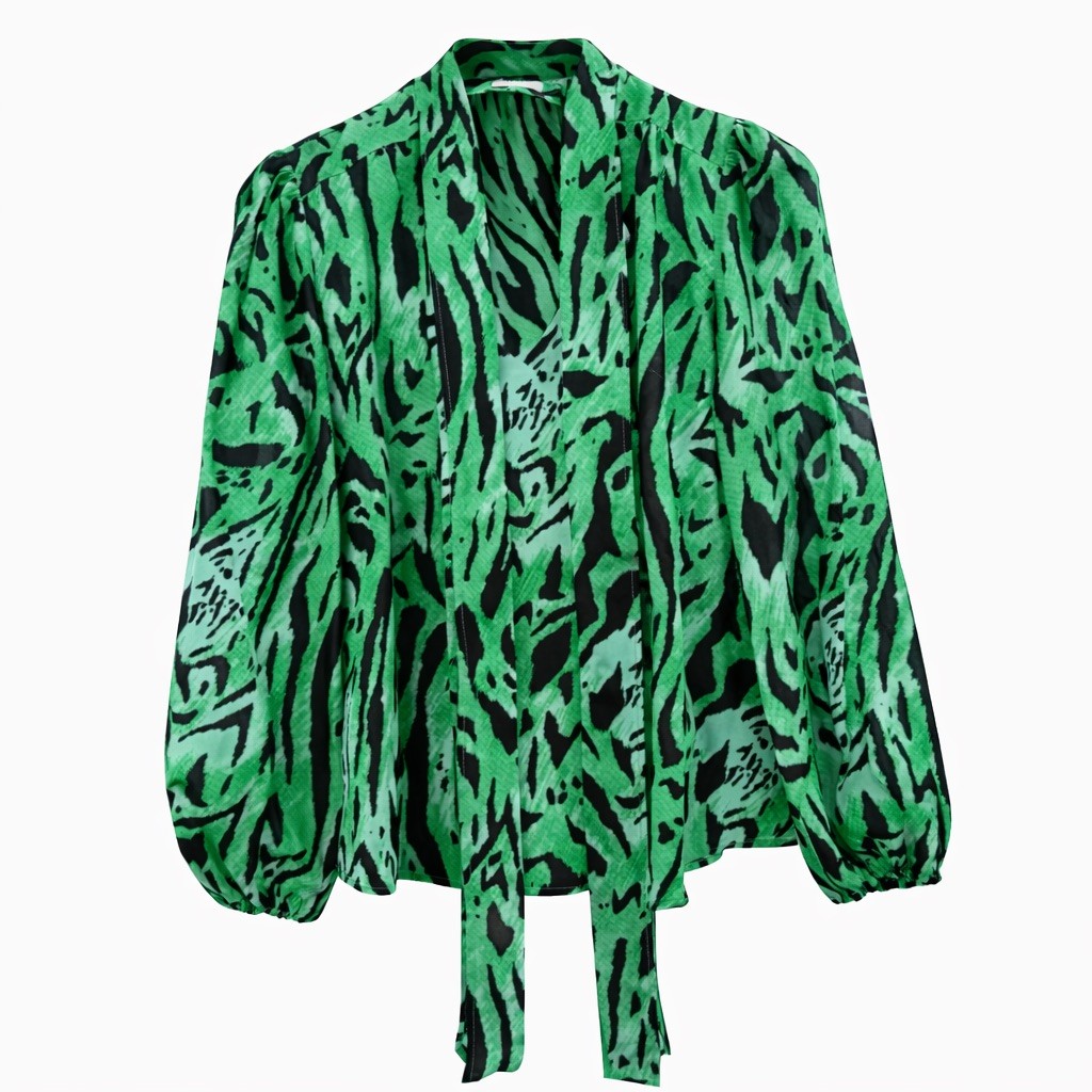RIXO Moss Green Black Silk Blouse Size Medium Neck Tie Balloon Sleeve