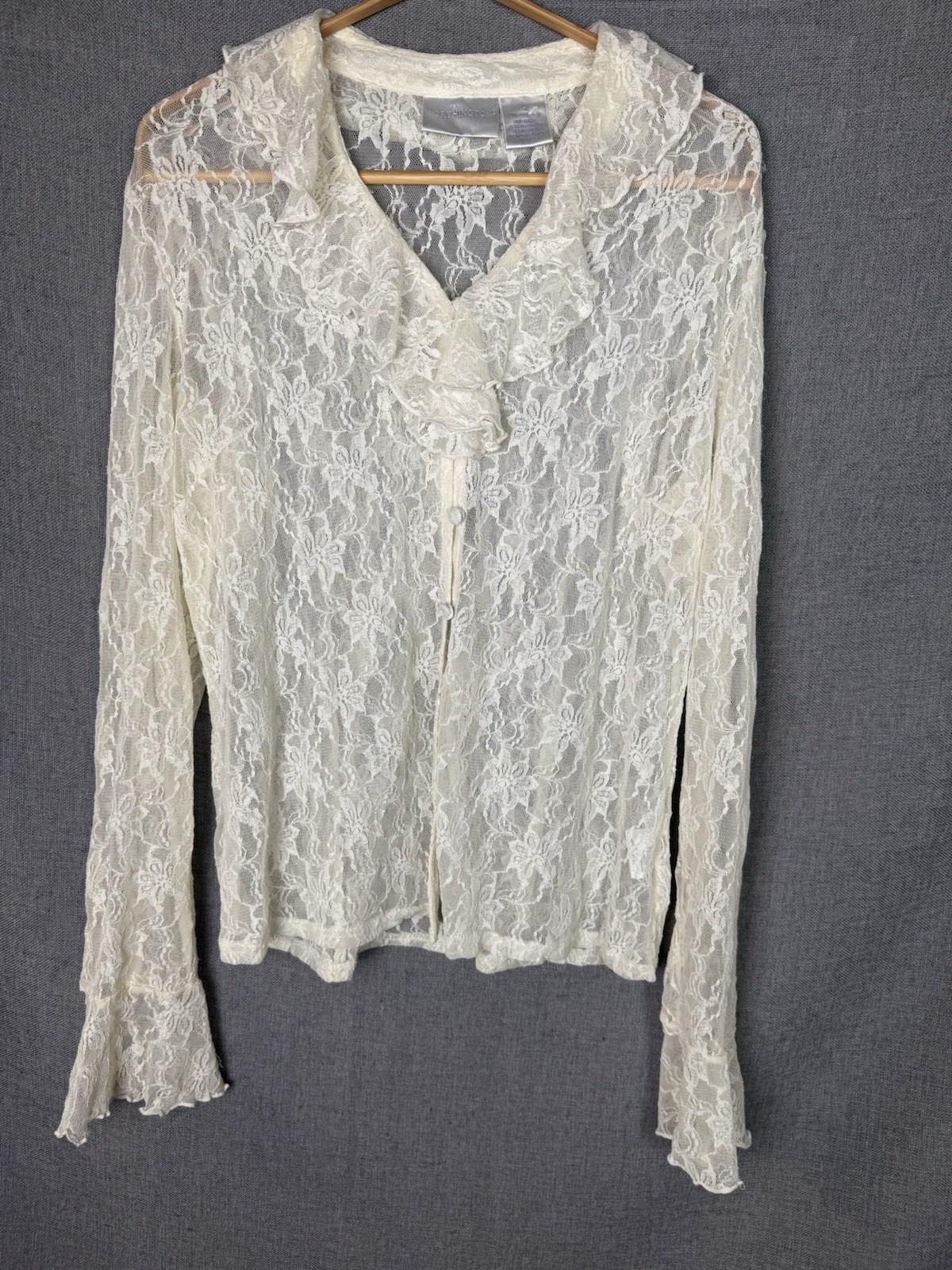 Sheer Lace Button Top White Lg Fairy Whimsy Romantic Worthington Ruffle Collar