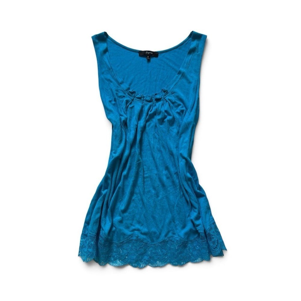 Express Women Teal Blue Ruffle Scoop Neck Lace Hem Tunic Tank Top Y2K Boho M