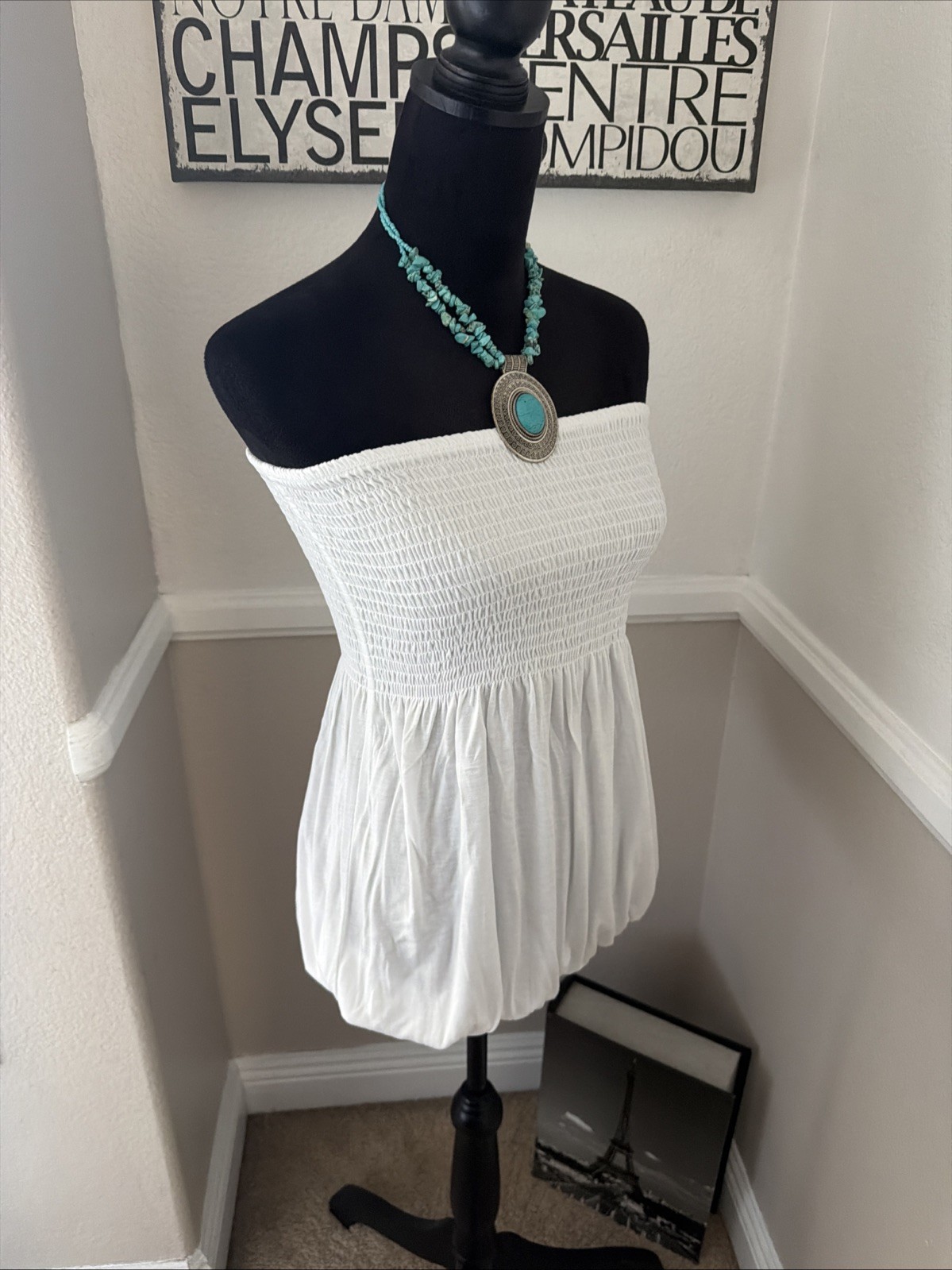 NWT Lascana Bubble Hem Smocked Tube Top White Stretch Medium 8-10