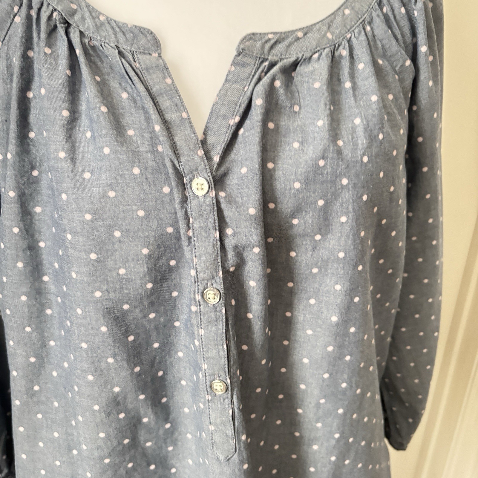 Old Navy Gray Poka Dot Button Accent V-Neck 3/4 Sleeve Cotton Top Size Lg Tunic