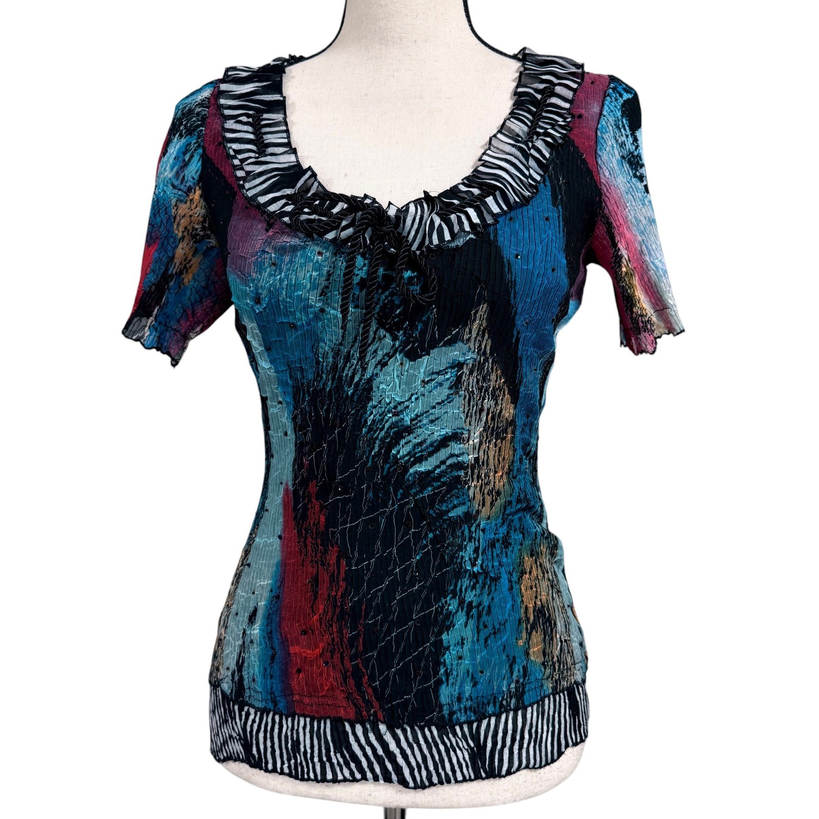 Y2K Crinkle Abstract Sequin Ruffle Top Size Small