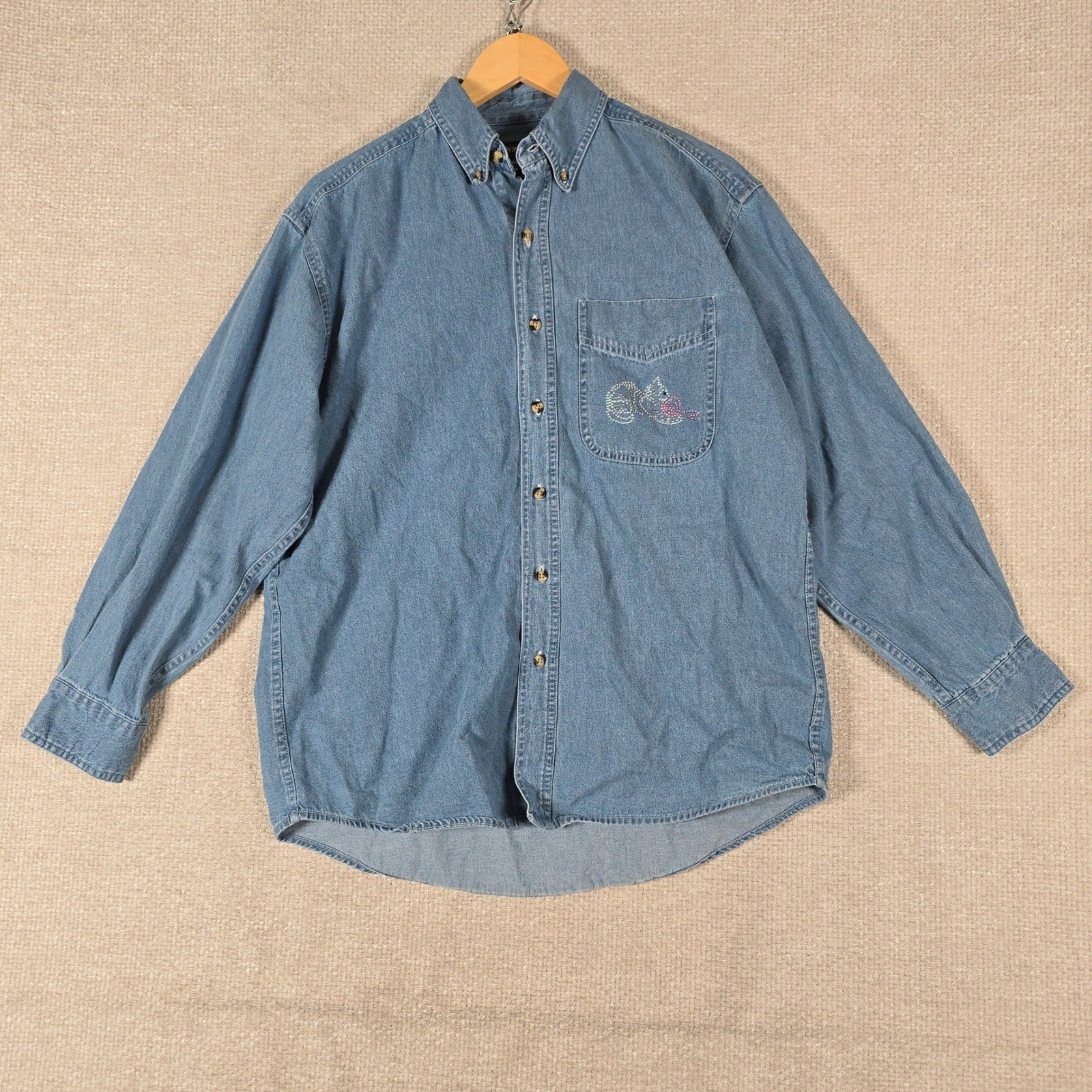 Outrageous Sports Blue Denim Button Down Shirt Rhinestone Cat Yarn Oversized S