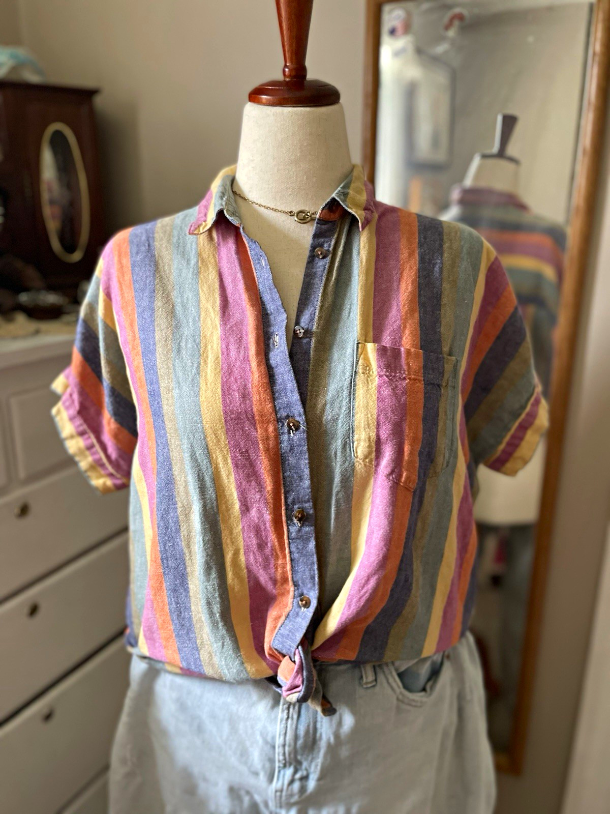 Madewell Linen Button-Down Tie-Front Short Sleeve Shirt Top Rainbow Striped S
