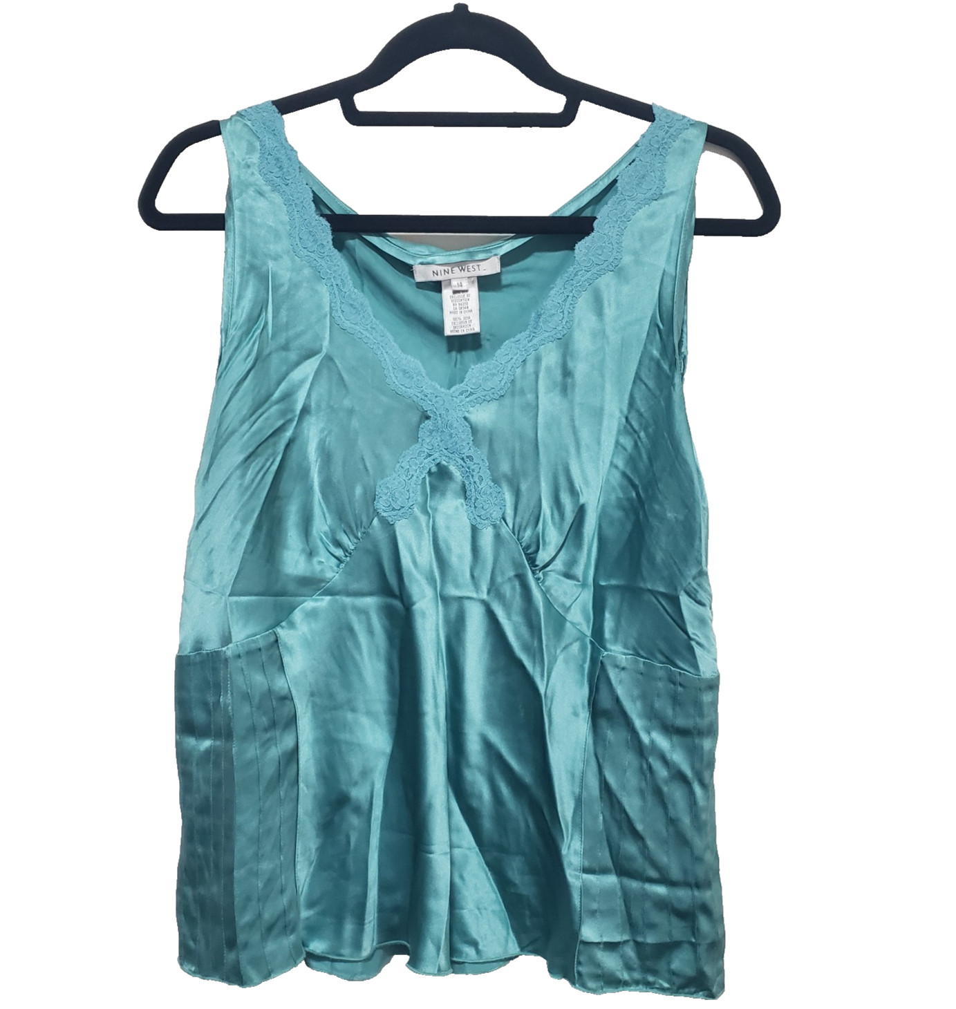 Y2K Vintage Silk Cami Tank Top Womens 14 Turquoise Lace Babydoll Fairy Boho