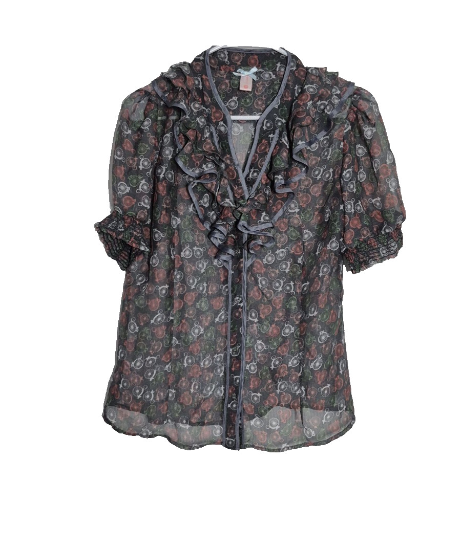 Down East Blouse Womens M Gray Bicycle Sheer Ruffled V-Neck Short Sleeve NWOT