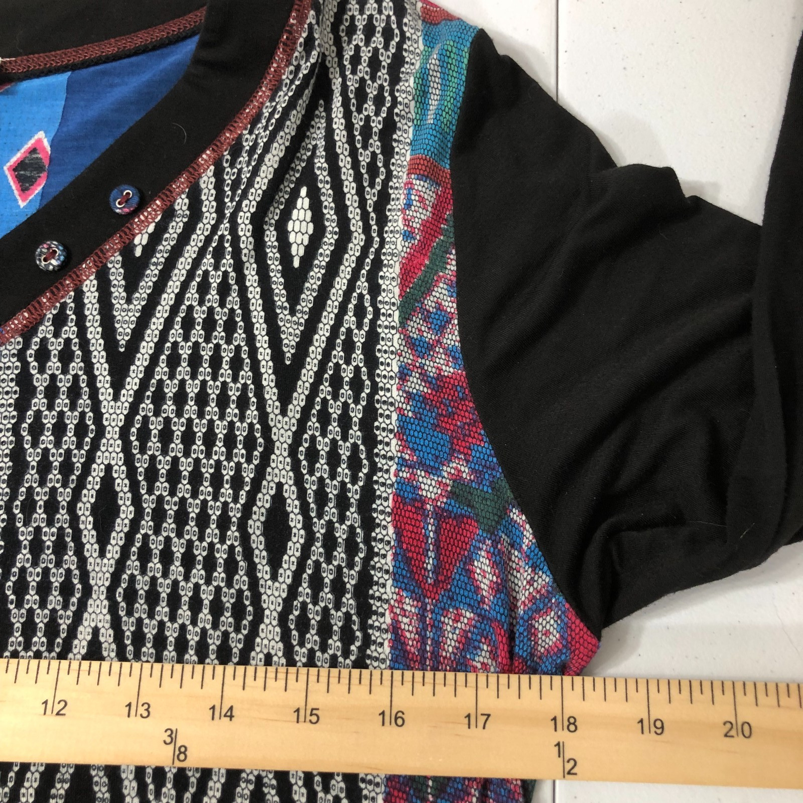 Parsley & Sage Womens Lagenlook Artsy Boho Mixed Media Patchwork Tunic Top Sz M