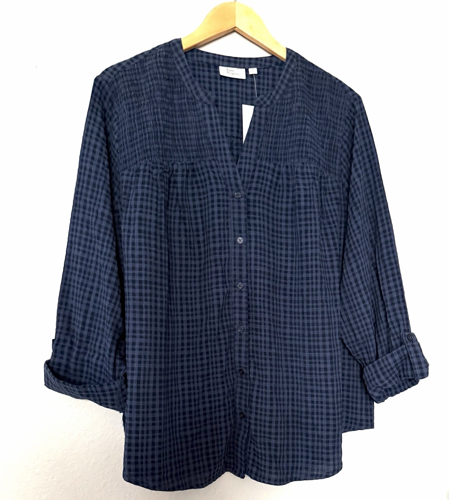 NWT Kim Rogers Women’s Gingham Navy Smocked Button-front Top Relaxed Fit Size 1X