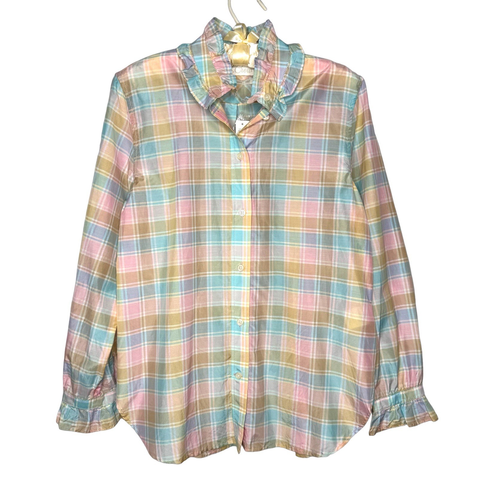 NWT J Crew Silk Cotton Ruffle Button Up Shirt 4 (S) Plaid Lightweight Pastel