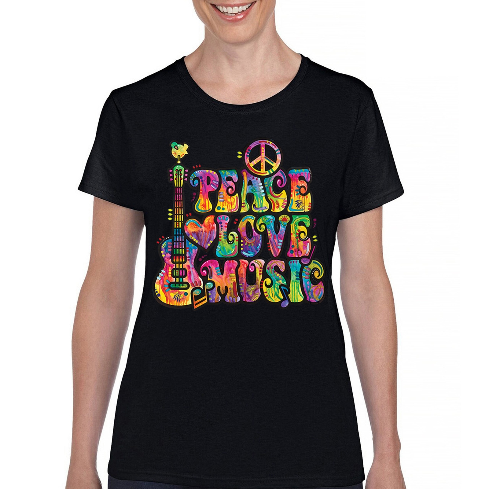 Dean Russo Peace Love Music T-Shirt Guitar Happy Good Vibe Women’s Tee