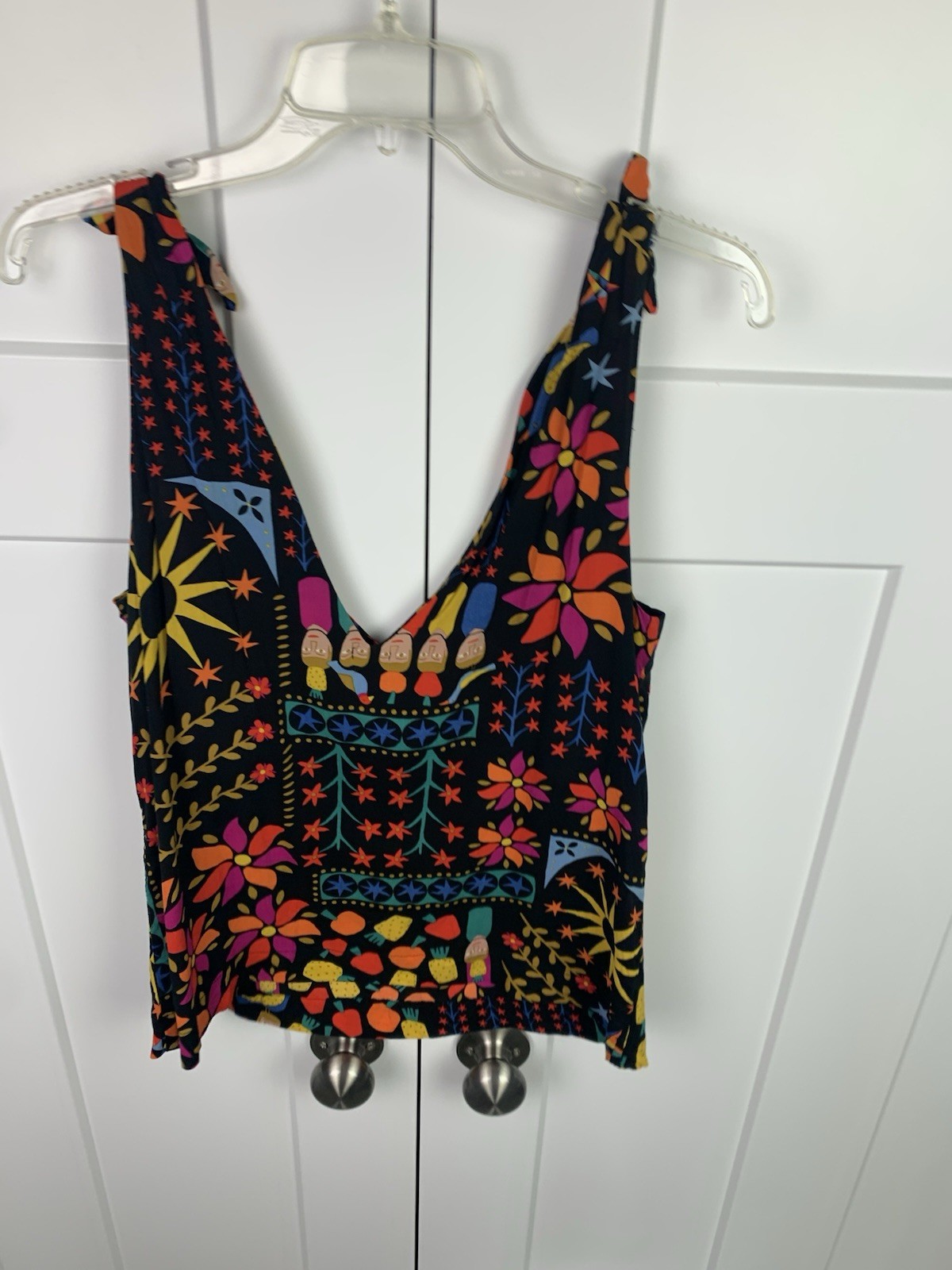 Cantao Brazil MEDIUM Tie Strap Tank Top Vibrant Tribal Festival V Neck Boho