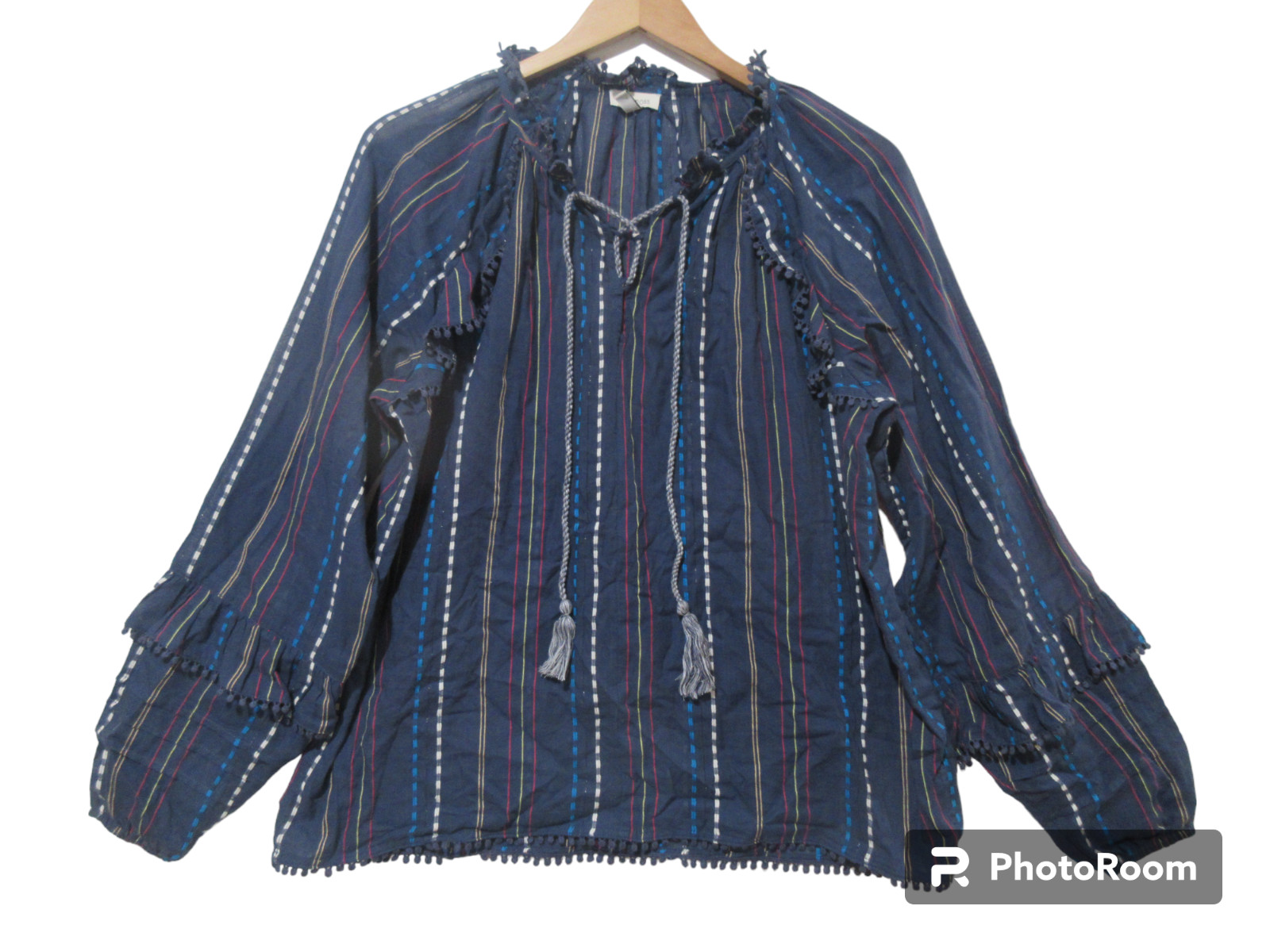 Sz M Ella Moss Anthropologie Navy Blue POPLIN BLOUSE Peasant Boho Balloon Sleeve