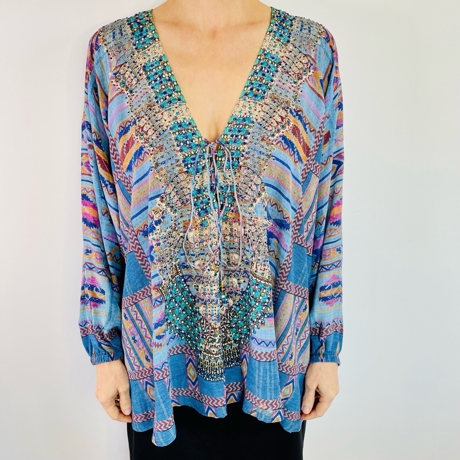 Camilla Size 2 (10 12 14) Blue Silk Condor Lace Up Shirt Australian Designer