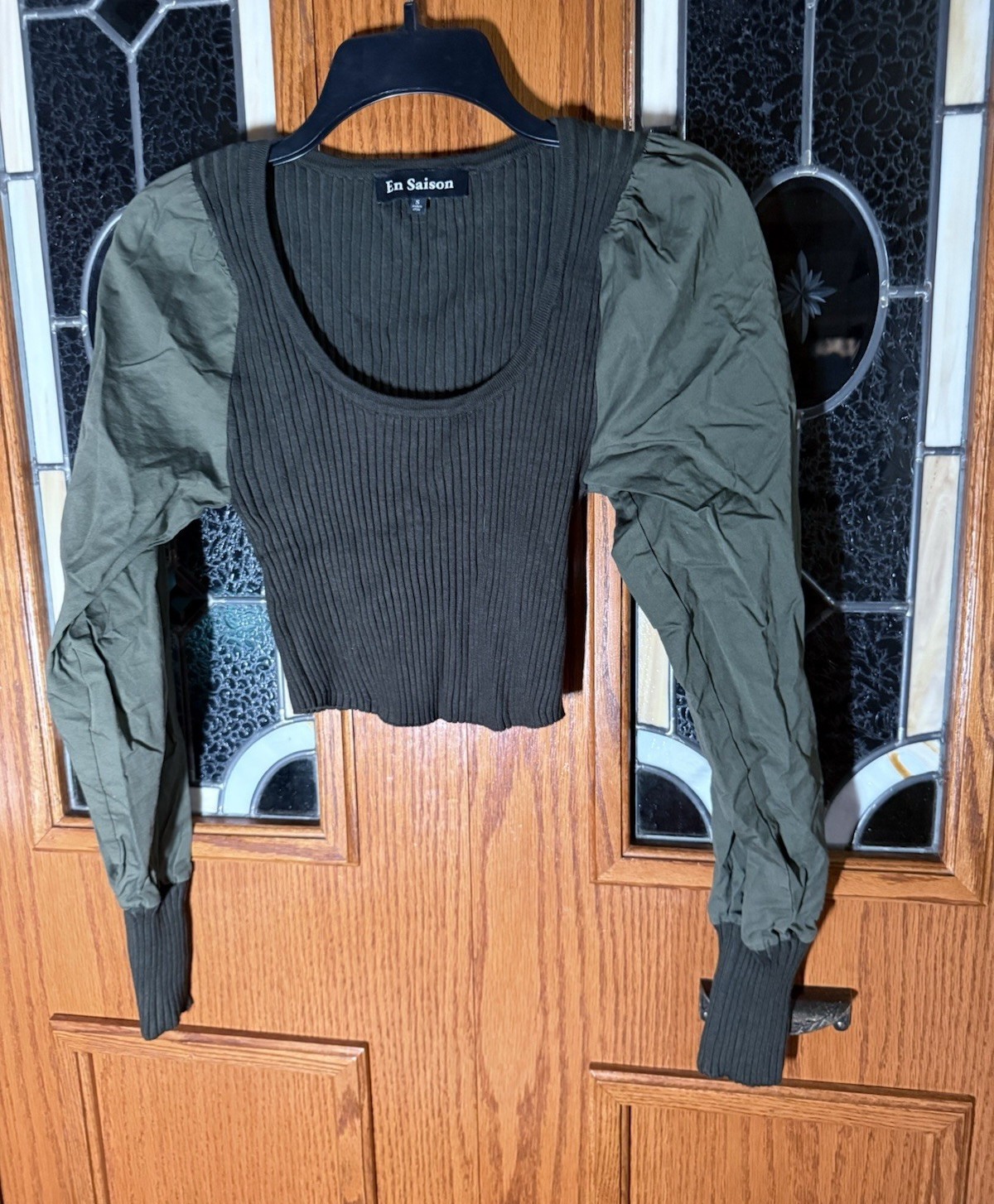 En Saison Ribbed Knit Scoop Neck Puff Long Sleeve Cropped Top Green S