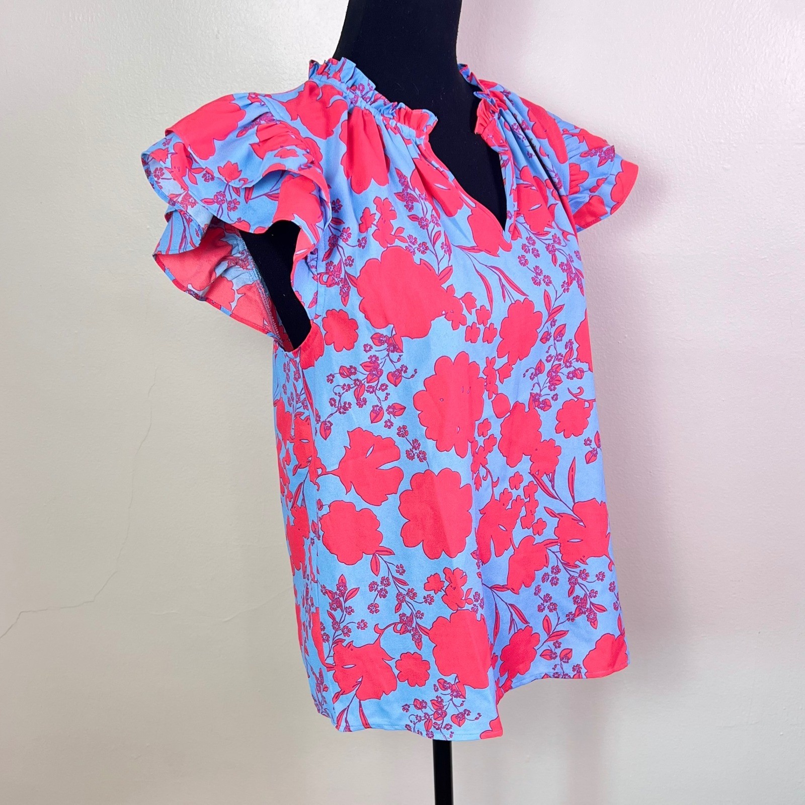 Sugarlips Thea Flutter Sleeve Blouse M Blue Pink Tropical Floral Dopamine Barbie
