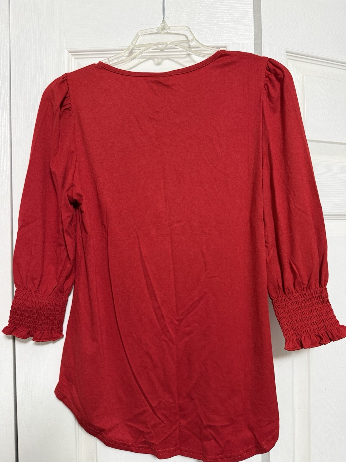 XIEERDUO Solid Red 3/4 Smock Cuff Sleeve Round Neck Pullover Top S