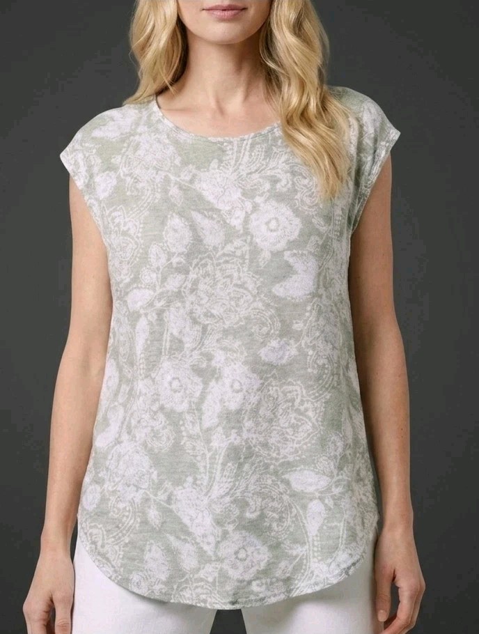 100% Linen Top W-M Green Floral Spring Easter Boho Summer Basic Casual EUC