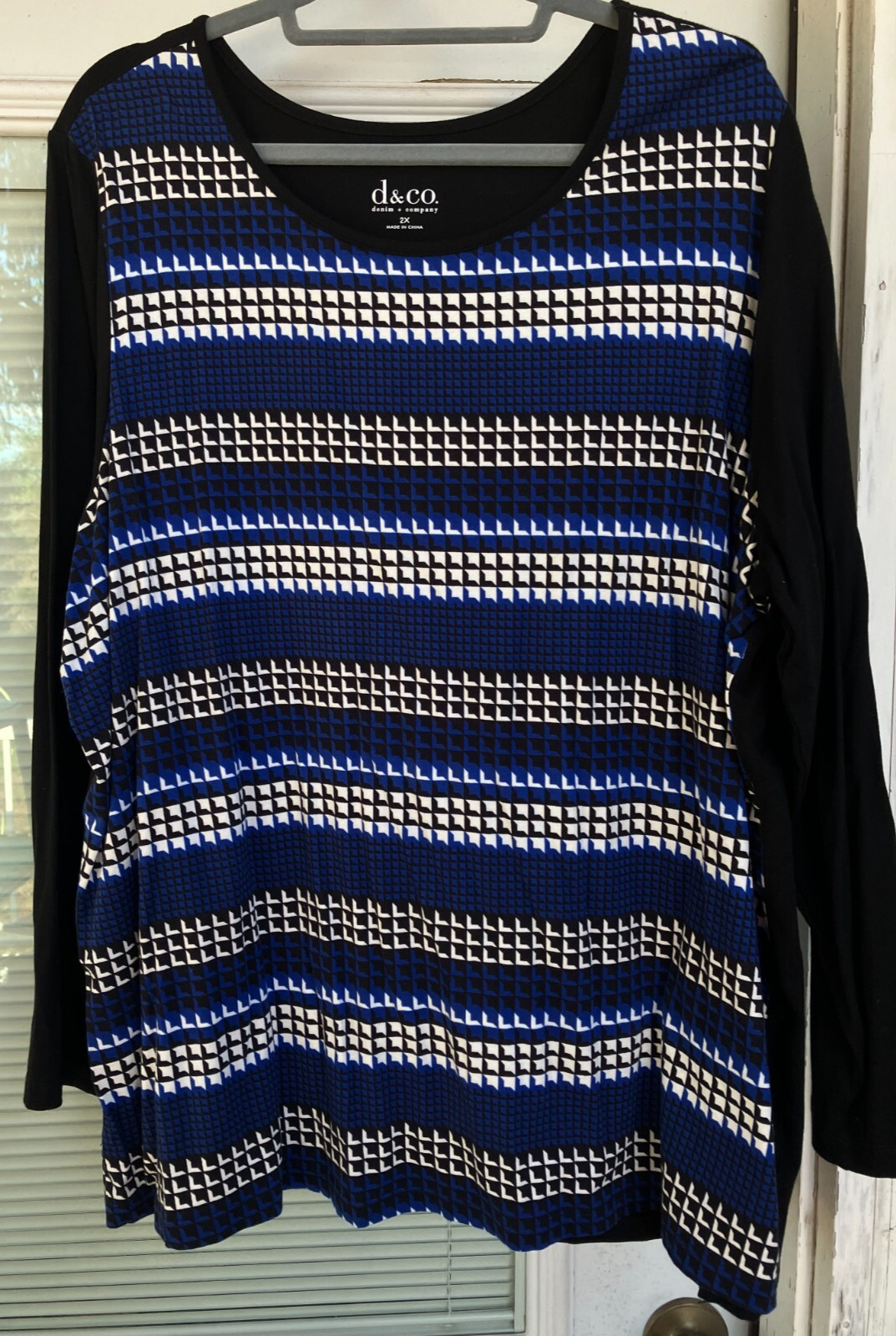 NWOT 2X D & Co. DENIM & CO. BLACK WHITE BLUE TOP SHIRT COTTON RAYON SPANDEX LS