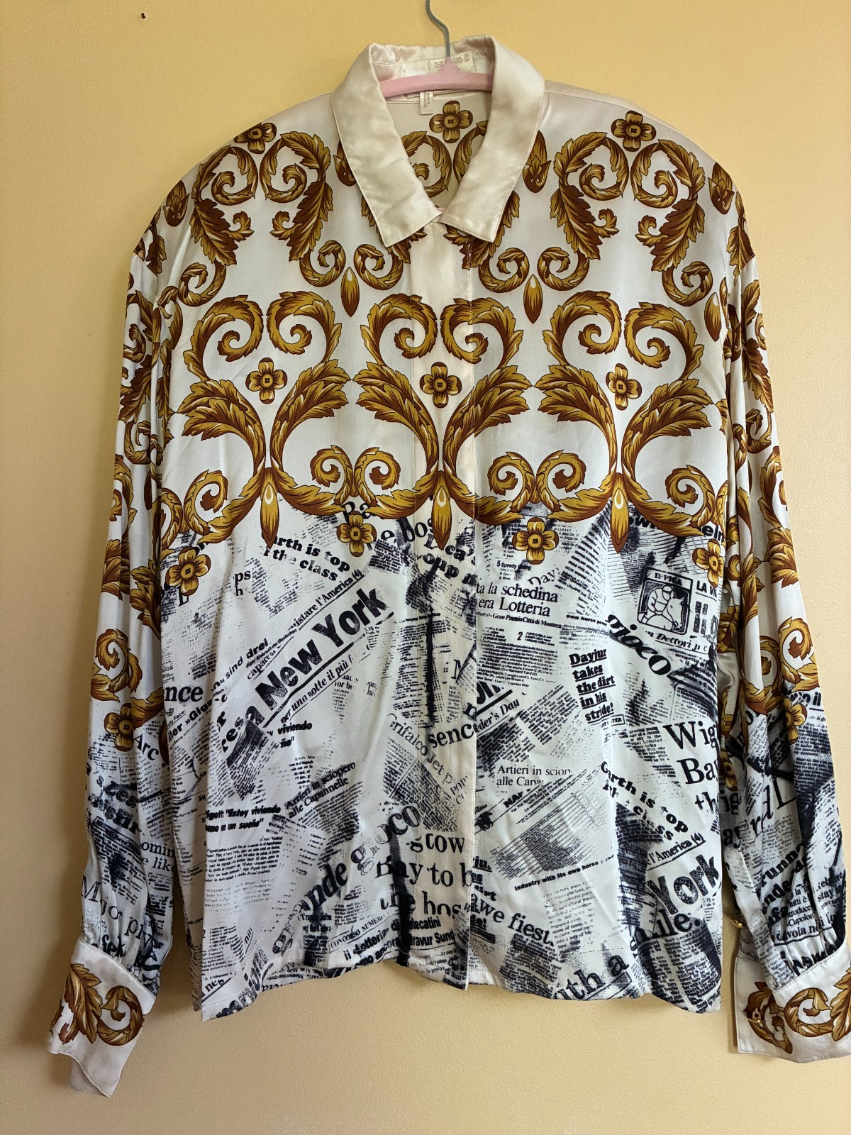 ESCADA VINTAGE SILK BLOUSE IN CREAM FILIGREE PRINT 40 12 SWITZERLAND STAINED